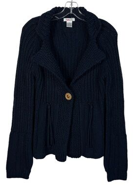 Vintage Y2K Pout Navy Blue Fitted Pleated Shawl Collar Knit Cardigan Sweater M